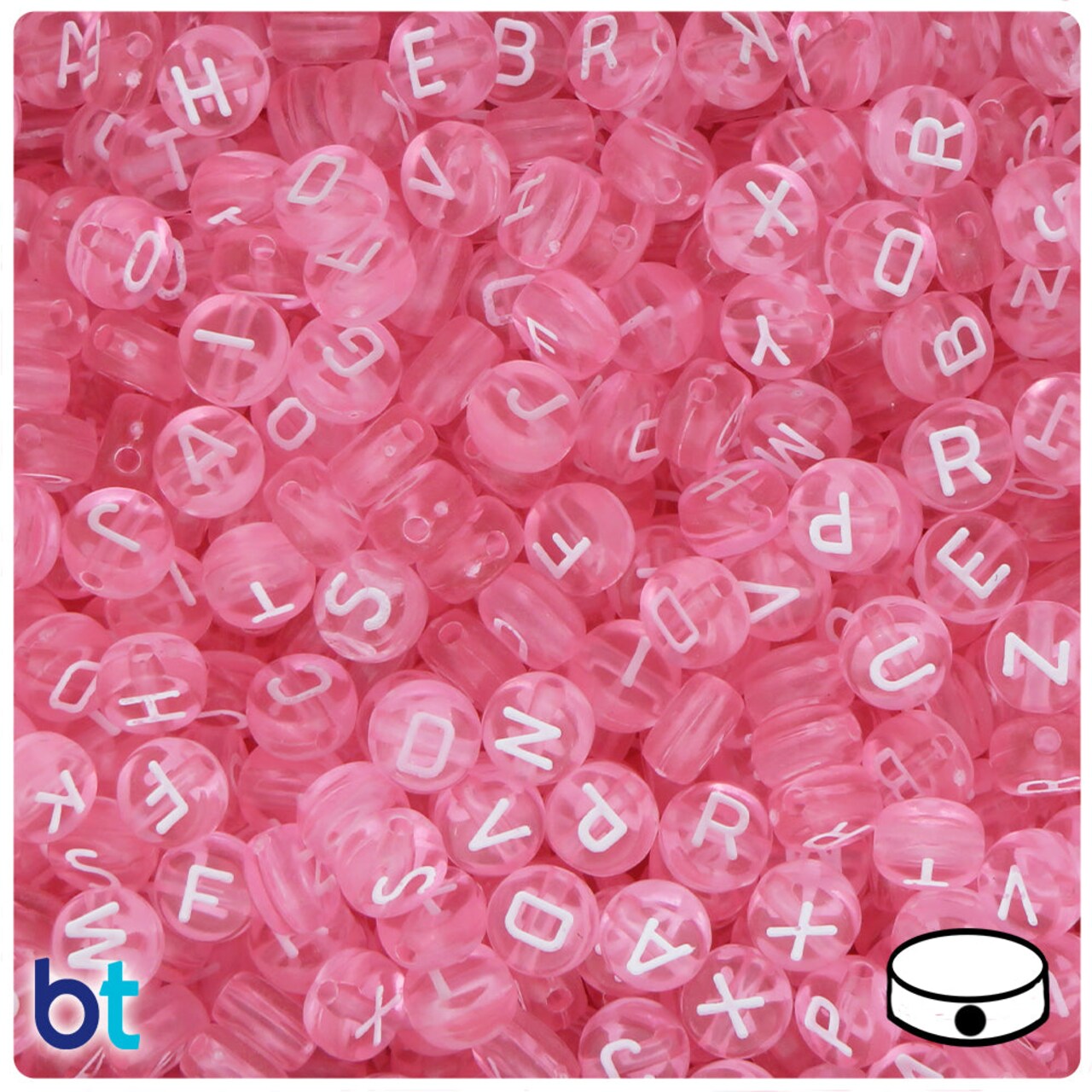 BeadTin Pink Transparent 7mm Coin Plastic Alpha Beads - White Letter Mix (250pcs)